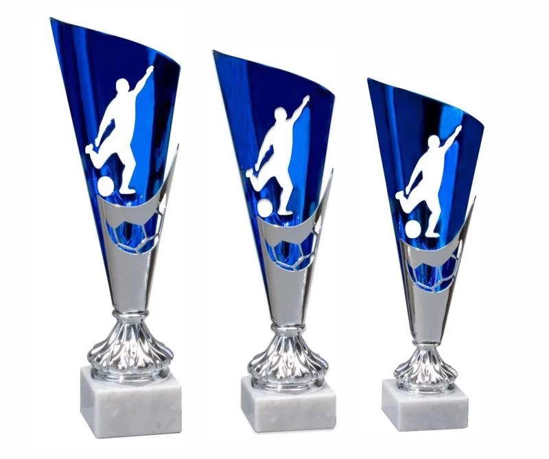 Pokal Serie in 3 Größen Metall Fußball Silber Blau