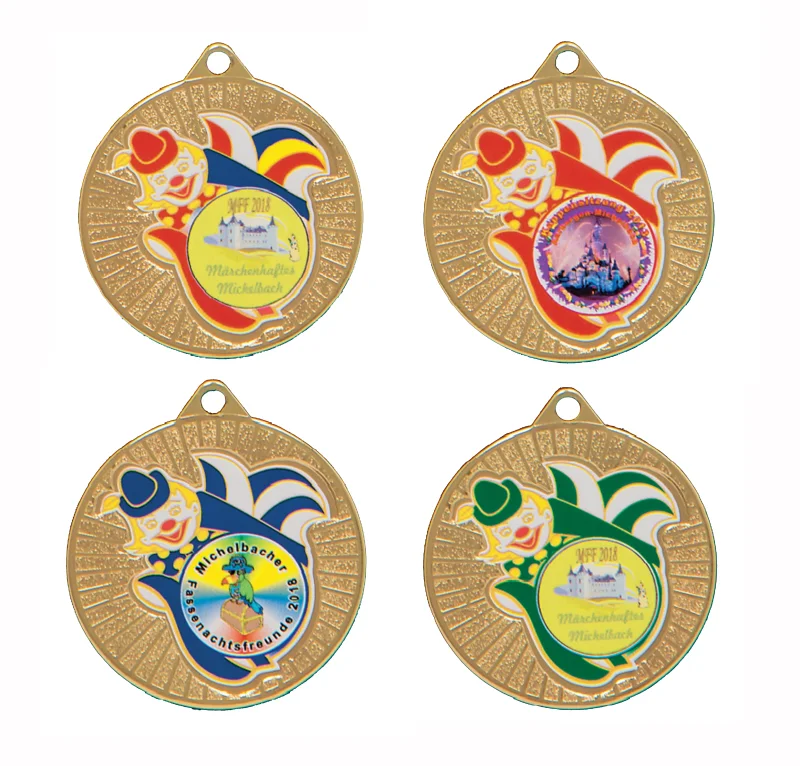 Gold Karnevalsorden Clown mit Kappe farbig