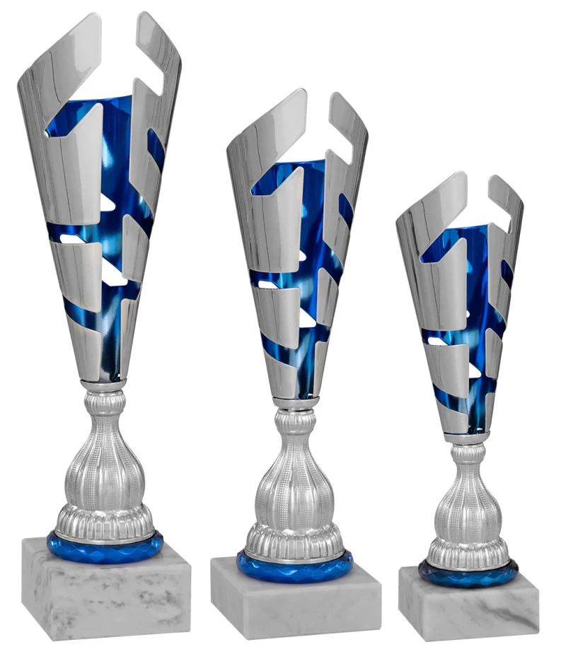 Moderne Pokale Metall in 3 Größen silber blau